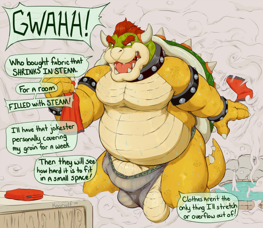 2020 anthro armband balls belly big_balls big_penis bowser bowser_day bulge chubby_male clothing clothing_too_small collar detailed_background dialogue digital_media_(artwork) english_text flaccid genitals holding_object horn koorivlf male mario_bros mostly_nude nintendo penis poking_out scalie slightly_chubby solo steam text towel uncut underwear video_games water wet