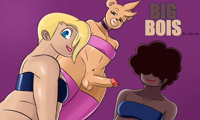 5:3 afro anthro balls belly biped black_hair blonde_hair blue_eyes brown_eyes cherryfox73 choker clothing dark dark_skin erection fur genitals group gus_(sssonic2) hair hi_res human humanoid humanoid_genitalia humanoid_penis interspecies jewelry leggings legwear leo_(sssonic2) lipstick looking_at_viewer makeup male male/male mammal milo necklace not_furry nude penis simple_background smile text thick_thighs ursid