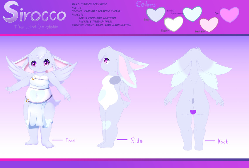 &lt;3 4_ears absurd_res back_side breasts cloth_drapes curvy_figure english_text exadian female front_view hi_res model_sheet multi_ear navel pink_eyes plushcrochet seraphie side_view sirocco_zephyrine slightly_chubby solo spread_wings stubby_tail teenager text wings young