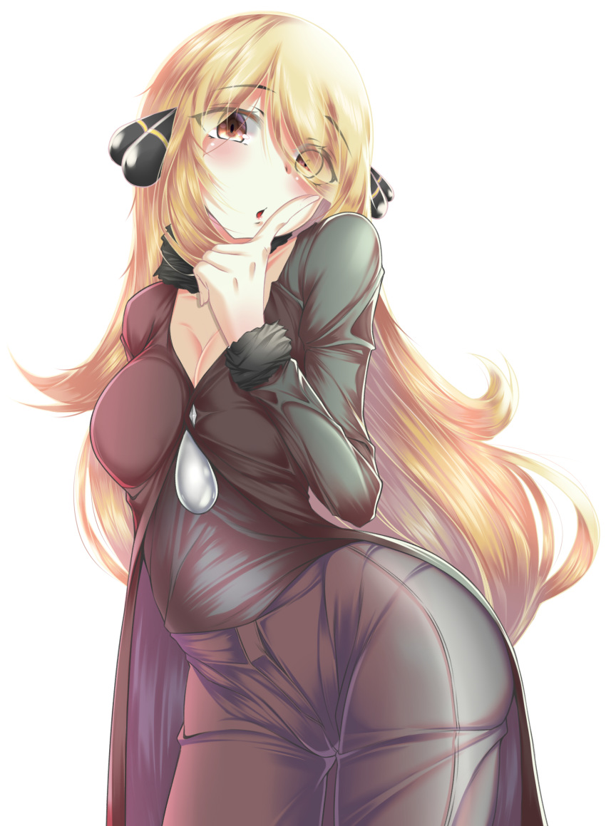 absurdres baeleuchi black_clothes blonde_hair breasts cleavage highres index_finger_raised korean_commentary large_breasts long_hair looking_at_viewer pants pokemon pokemon_(game) shirona_(pokemon) simple_background yellow_eyes