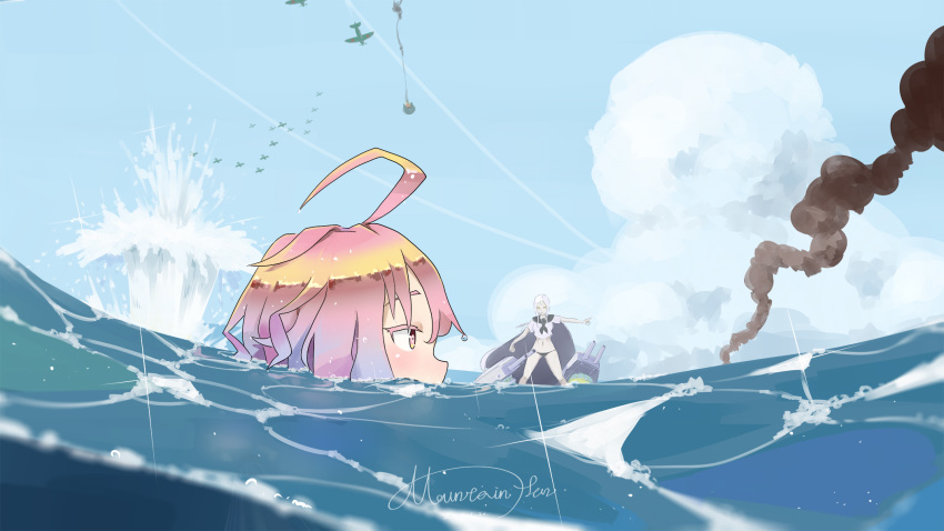 ahoge aircraft blue_sky blush cloud fire from_side highres i-58_(kantai_collection) kantai_collection mountain_han navel outstretched_arm pink_eyes pink_hair rigging short_hair signature sky smoke splashing swimming ta-class_battleship thighs waves white_hair