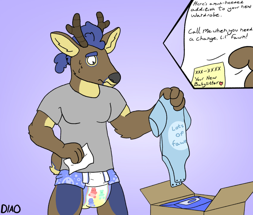 anthro antlers athletic athletic_anthro athletic_male blue_body blue_fur blue_hair bodily_fluids box brown_body brown_fur cervid clothed clothing deer_in_a_onesie_(artist) diaper embarrassed english_text fur genital_fluids hair hi_res horn letter male mammal note onesie ponytail shocked solo standing sweat_drops text urine wet_diaper wetting
