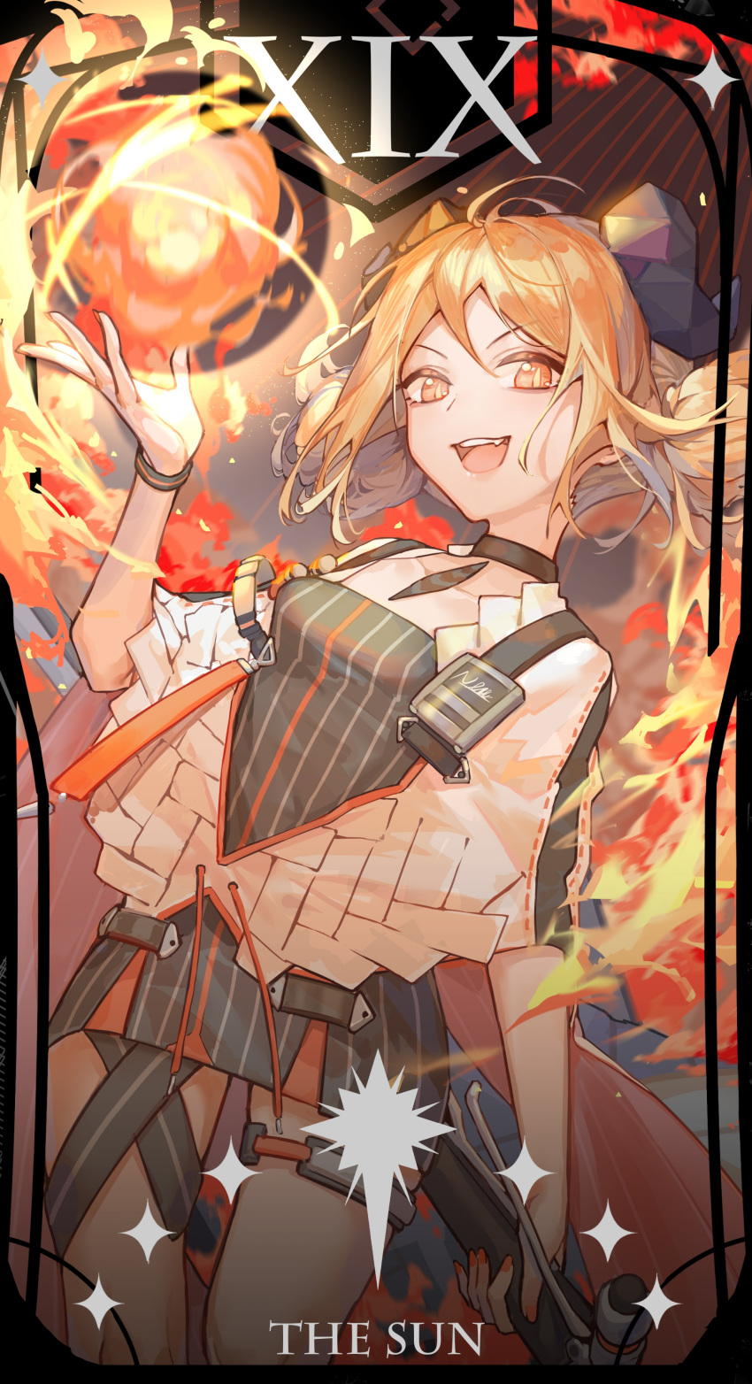 1girl :d absurdres ahoge arknights black_choker black_dress blonde_hair choker cowboy_shot dress fire hand_up highres horns ifrit_(arknights) kotatsu_kaya looking_at_viewer nail_polish open_mouth orange_nails originium_arts_(arknights) roman_numerals short_dress short_hair smile solo tarot