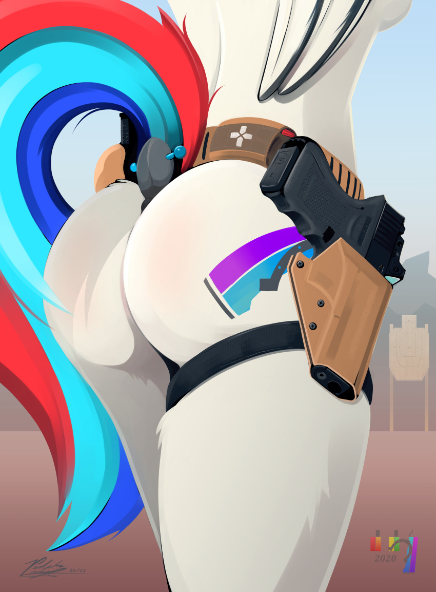 absurd_res anthro belt breasts butt butt_focus cutie_mark dock dock_piercing equid equine fan_character feathered_wings feathers female glock gun gun_holster handgun hasbro hi_res mammal multicolored_tail my_little_pony outside pedals_(pedalspony) pedalspony_(artist) pegasus pistol public_nudity ranged_weapon solo weapon wings