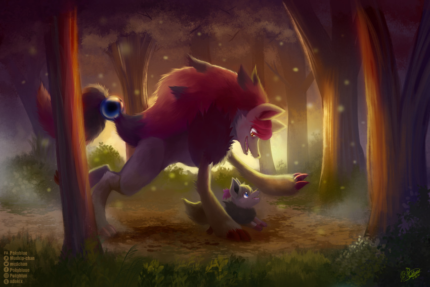 2020 anthro blue_eyes canid canine claws female feral fingers hair happy highlights_(coloring) looking_down looking_up mammal nintendo open_mouth pok&eacute;mon pok&eacute;mon_(species) pokyblue ponytail red_claws red_eyes red_hair running sharp_teeth smile teeth toe_claws toes tree video_games zoroark zorua