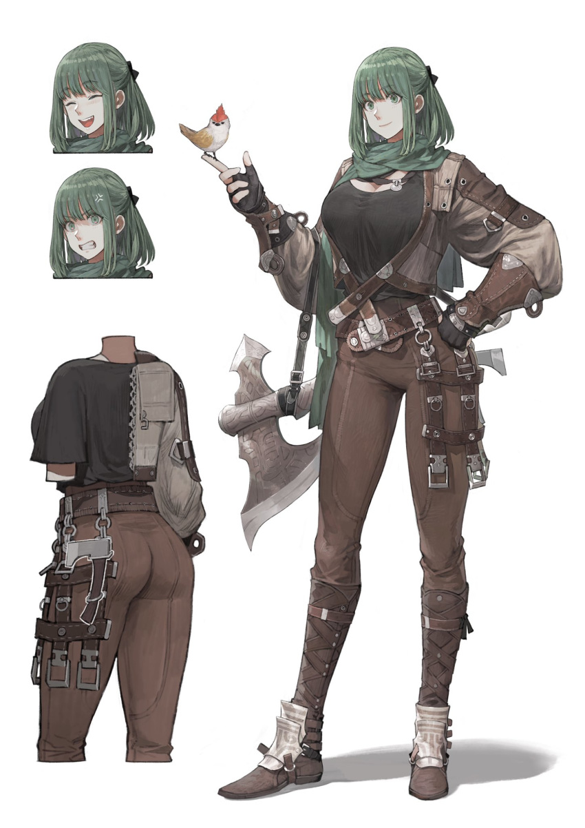1girl ^_^ ^o^ anger_vein angry axe bangs bird black_gloves black_shirt blunt_bangs breasts brown_footwear brown_pants character_sheet cleavage clenched_teeth closed_eyes closed_mouth expression_chart facing_viewer fingerless_gloves from_behind gloves green_eyes green_hair highres jun_(seojh1029) large_breasts looking_at_viewer medium_hair multiple_views on_finger open_mouth pants shirt sidelocks smile standing teeth weapon