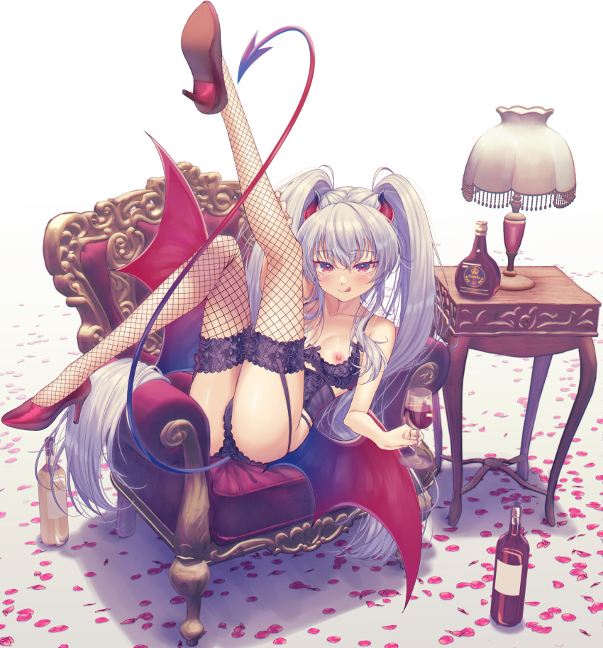 1girl absurdres bangs blush bombergirl breasts bustier chair cup demon_girl demon_horns demon_tail demon_wings eyebrows_visible_through_hair fishnet_legwear fishnets garter_straps grim_aloe hair_between_eyes highres holding holding_cup honami_(yths4221) horns leg_up long_hair looking_at_viewer low_wings nippleless_clothes nipples panties quiz_magic_academy reclining red_eyes smile solo tail thighhighs twintails underwear very_long_hair white_hair wings