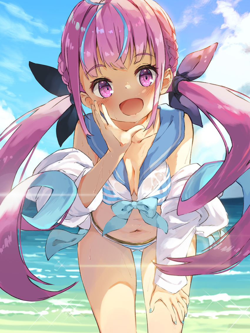 1girl :d ahoge arm_up ass_visible_through_thighs bangs bikini blue_hair blue_sky blunt_bangs braid breasts cleavage cloud collarbone day eyebrows_visible_through_hair hair_ribbon hand_on_own_thigh highres hololive jacket keeha_(mxkp5588) leaning_forward long_hair looking_at_viewer minato_aqua multicolored_hair navel ocean open_mouth outdoors purple_eyes purple_hair ribbon sailor_collar sidelocks sky small_breasts smile solo striped striped_bikini swimsuit thigh_gap thighs twintails two-tone_hair virtual_youtuber wet wet_clothes white_jacket