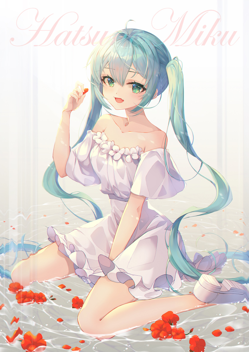 1girl :d absurdres ahoge aqua_hair bangs bare_arms bare_shoulders between_legs breasts character_name collarbone commentary dress eyebrows_visible_through_hair fang flower green_eyes hand_between_legs hand_up hatsune_miku highres holding holding_petal jii_dayday long_hair looking_at_viewer open_mouth petals petals_on_liquid red_flower short_sleeves sitting skin_fang small_breasts smile solo twintails very_long_hair vocaloid wariza water white_dress