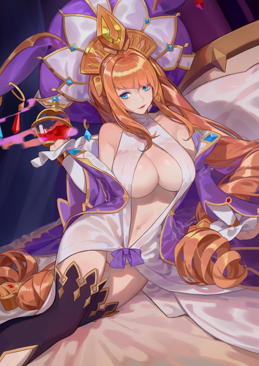 1girl black_legwear blue_eyes breasts crown dress hair_ornament highres large_breasts long_hair looking_to_the_side lying no_panties on_side orange_hair original red_cucumber sdorica solo thighhighs thighs white_dress