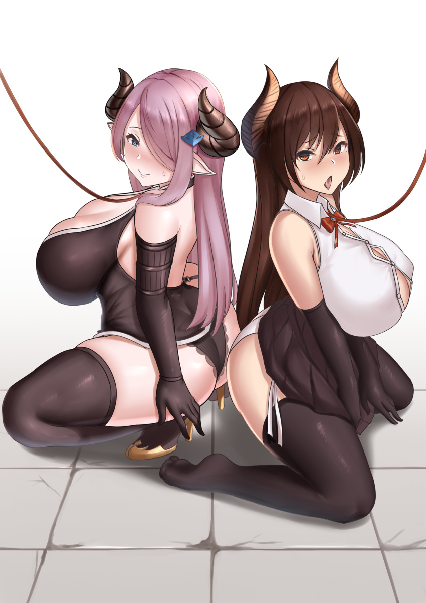 2girls black_gloves black_hair black_legwear blue_eyes blush braid breasts demon_horns draph forte_(shingeki_no_bahamut) gloves granblue_fantasy hair_ornament hair_over_one_eye highres horns human_dog large_breasts lavender_hair leash liuli_liuli long_hair low_tied_hair multiple_girls narmaya_(granblue_fantasy) open_mouth pet_play pointy_ears single_braid slave thighhighs tongue tongue_out