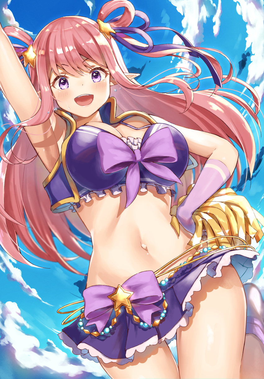 1girl :d absurdres arm_up armpits bangs bare_shoulders bikini bikini_skirt blue_sky blush bow breasts cheerleader cleavage cloud commentary_request cowboy_shot cropped_vest day elbow_gloves eyebrows_visible_through_hair gloves groin hair_between_eyes hair_ornament hair_rings hand_on_hip hatsune_(princess_connect!) highres holding holding_pom_poms large_breasts long_hair looking_at_viewer midriff miniskirt navel open_clothes open_mouth open_vest pink_hair pointy_ears pom_poms princess_connect! princess_connect!_re:dive purple_bikini purple_bow purple_eyes purple_gloves purple_legwear purple_skirt purple_vest shoes sidelocks skirt sky smile socks solo standing star_(symbol) star_hair_ornament sweat swimsuit thigh_gap two_side_up upper_teeth vest waist_bow wanima_8888 white_footwear