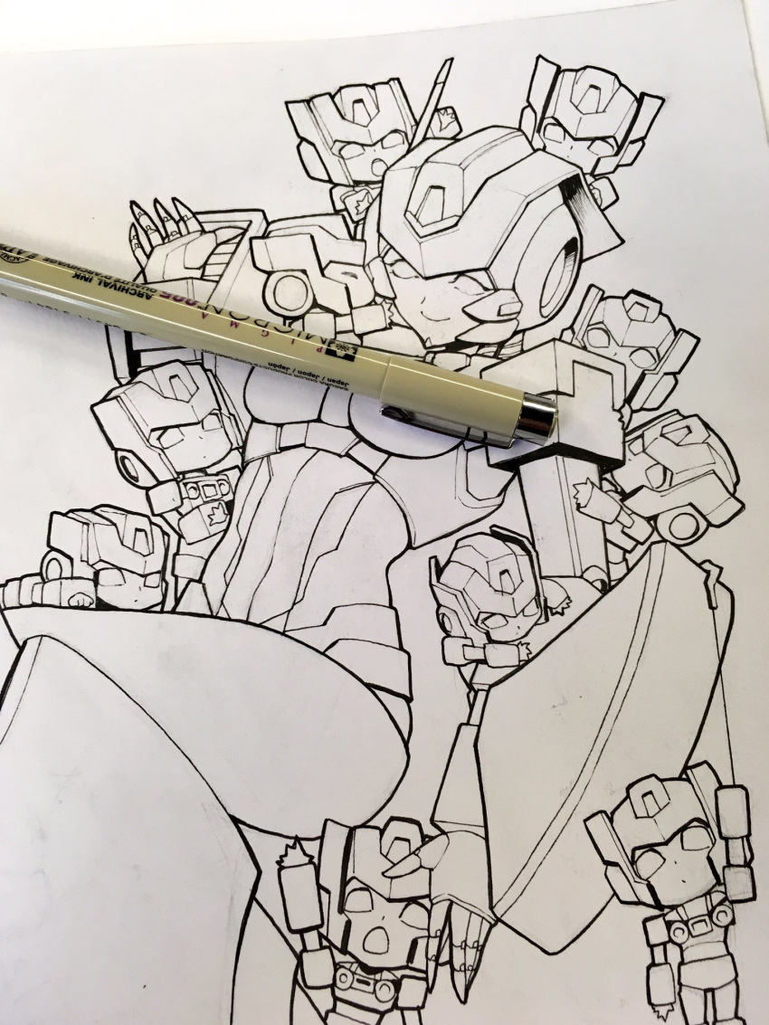 1girl autobot chibi english_commentary highres ink_(medium) lineart looking_down multiple_boys nautica navel no_humans pen photo skids_(transformers) traditional_media transformers zoner