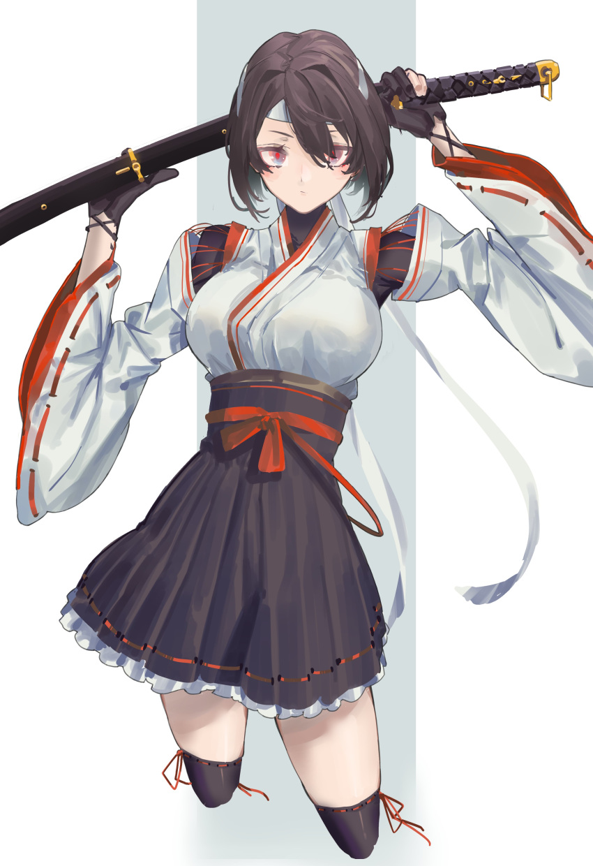 1girl absurdres bangs black_gloves blush breasts brown_hair closed_mouth cropped_legs detached_sleeves frilled_skirt frills gloves headband highres holding holding_sword holding_weapon hyuuga_(kantai_collection) japanese_clothes kantai_collection katana kazukingu large_breasts long_sleeves nontraditional_miko partly_fingerless_gloves remodel_(kantai_collection) ribbon-trimmed_sleeves ribbon_trim sheath sheathed short_hair simple_background skirt solo sword two-tone_background weapon wide_sleeves