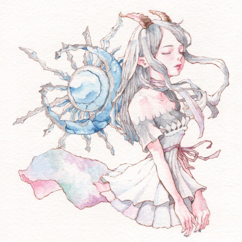 12yun30 1girl blue_nails breasts choker cleavage closed_eyes closed_mouth commentary crescent_moon dress english_commentary green_hair lips long_hair medium_breasts moon original pink_ribbon pleated_dress ribbon ribbon_choker short_sleeves solo traditional_media watercolor_(medium) white_background white_dress