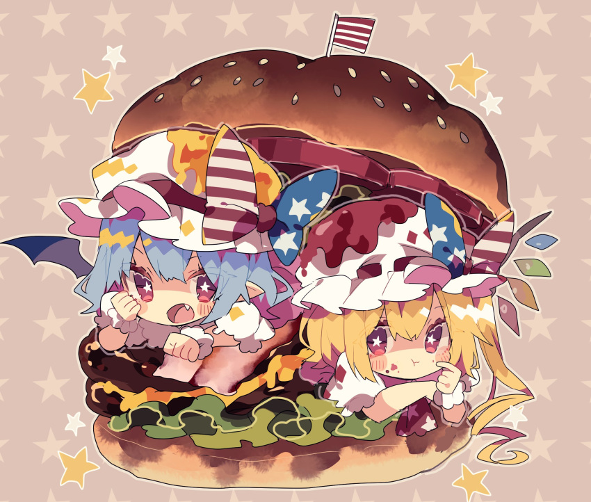 2girls :t american_flag american_flag_print ascot bat_wings blonde_hair blue_hair blush_stickers bow commentary crystal fang flag_print flandre_scarlet food food_on_face food_on_head hamburger hand_up hat hat_bow highres in_food long_hair looking_at_viewer mini_flag mob_cap multiple_girls nikorashi-ka object_on_head open_mouth oversized_food pointy_ears red_eyes red_neckwear remilia_scarlet shirt short_sleeves siblings sisters star-shaped_pupils star_(symbol) star_print starry_background symbol-shaped_pupils touhou white_headwear white_shirt wings wrist_cuffs