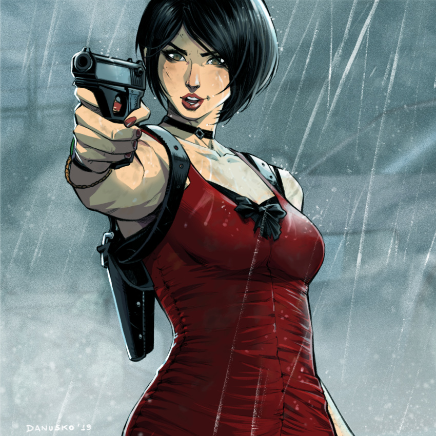 1girl ada_wong aiming black_bra black_choker black_hair bra bra_peek bracelet breasts brown_eyes choker collarbone commentary danusko dress english_commentary finger_on_trigger gun h&amp;k_vp70 handgun highres holding holding_gun holding_weapon holster jewelry lips lipstick makeup medium_breasts nail_polish parted_lips pistol rain red_dress red_nails resident_evil resident_evil_4 shoulder_holster sleeveless sleeveless_dress solo underwear watch weapon wet wet_clothes wet_dress wristwatch