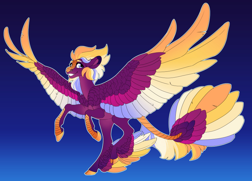 2020 absurd_res ambiguous_gender digital_media_(artwork) equid equine feathered_wings feathers feral hi_res hooves mammal pegasus purple_body purple_eyes purple_feathers smile solo turnipberry wings