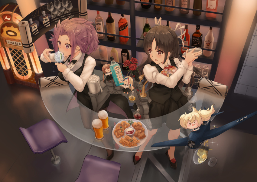 &gt;_&lt; ._. 5girls aircraft airplane alcohol alternate_costume bad_anatomy bad_leg beer black_bow black_footwear black_hair black_legwear black_skirt black_vest blonde_hair blue_hair bottle bow brown_eyes brown_hair collared_shirt commandant_teste_(kantai_collection) cup eyebrows_visible_through_hair food gambier_bay_(kantai_collection) hair_bow high_heels highres hiyou_(kantai_collection) holding holding_cup ice jun'you_(kantai_collection) k_jie kantai_collection long_hair long_sleeves low_twintails multicolored_hair multiple_girls open_mouth pantyhose purple_eyes purple_hair red_hair shirt skirt spiked_hair streaked_hair tashkent_(kantai_collection) twintails vest white_hair white_shirt