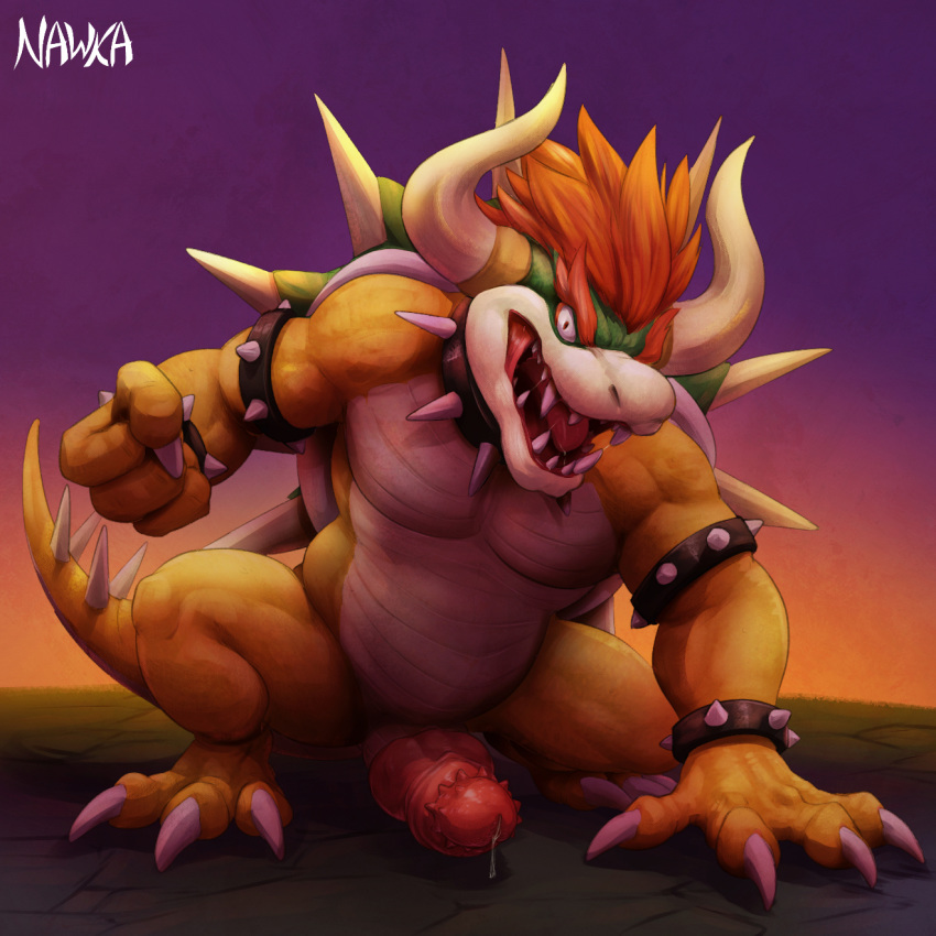 1:1 2020 4_fingers animal_genitalia animal_penis anthro bodily_fluids bowser bracelet claws collar erection fingers genital_fluids genitals giga_bowser hair hi_res horn jewelry knot koopa looking_at_viewer male mario_bros muscular muscular_anthro muscular_male nawka nintendo nude open_mouth penile_spines penis precum red_eyes red_hair saliva scalie sharp_teeth signature solo spiked_bracelet spiked_collar spiked_tail spikes spikes_(anatomy) super_smash_bros. teeth toe_claws tongue video_games