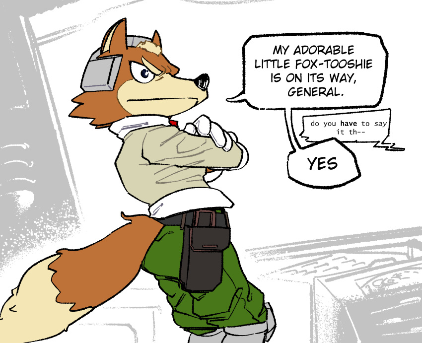 absurd_res anthro black_nose blue_eyes bottomwear brown_body brown_fur canid canine clothing crossed_arms dipstick_tail fox fox_mccloud frown fur gloves handwear hi_res humor inside jacket male mammal multicolored_tail nintendo pants serious side_view solo speech_bubble standing star_fox tan_body tan_fur the-hydroxian topwear video_games