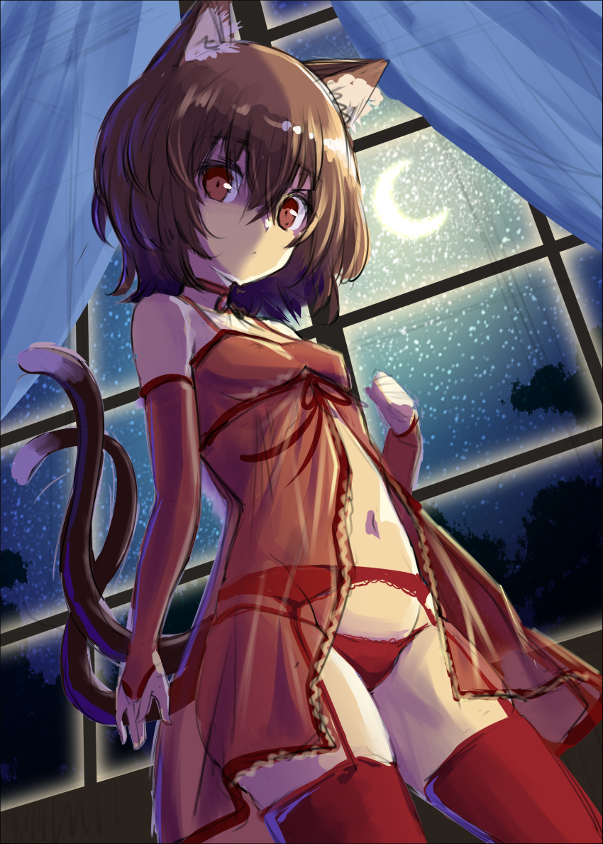 1girl absurdres animal_ear_fluff babydoll bangs breasts bridal_gauntlets brown_eyes brown_hair cat_girl cat_tail chemise chen crescent_moon curtains elbow_gloves eyebrows_visible_through_hair garter_belt gloves hair_between_eyes highres hijikawa_arashi indoors lingerie looking_at_viewer moon multiple_tails navel night nipples panties red_garter_belt red_gloves red_legwear red_panties see-through short_hair sketch sky small_breasts solo star_(sky) starry_moon starry_sky stomach tail thighhighs touhou two_tails underwear window