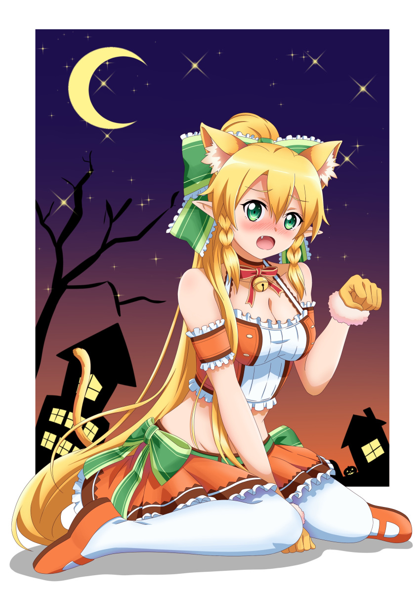 1girl absurdres animal_ear_fluff animal_ears arm_strap bag blonde_hair blush bow breasts cat_ears cat_tail cleavage crescent_moon embarrassed eyebrows_visible_through_hair fang frilled_bow frills fur-trimmed_gloves fur_trim gloves gradient_sky green_bow green_eyes groin hair_between_eyes hair_bow halloween halloween_costume highres ken-ji leafa long_hair looking_at_viewer medium_breasts midriff miniskirt moon open_mouth orange_footwear orange_skirt pleated_skirt pointy_ears shiny shiny_hair sitting skirt sky solo star_(sky) starry_sky stomach sword_art_online tail very_long_hair wariza white_background white_legwear yellow_gloves