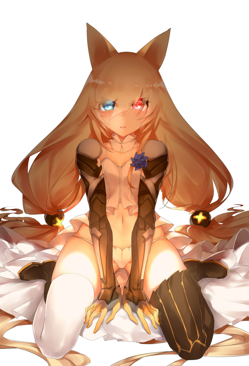 1girl absurdly_long_hair absurdres animal_ears black_footwear blonde_hair blue_eyes boots cat_ears commentary_request detached_collar flower full_body g41_(girls_frontline) girls_frontline gloves heterochromia highres horz long_hair looking_at_viewer low-tied_long_hair mismatched_legwear navel panties partial_commentary red_eyes shirt sitting solo thigh_boots thighhighs twintails underwear very_long_hair wariza white_background white_legwear white_panties white_shirt