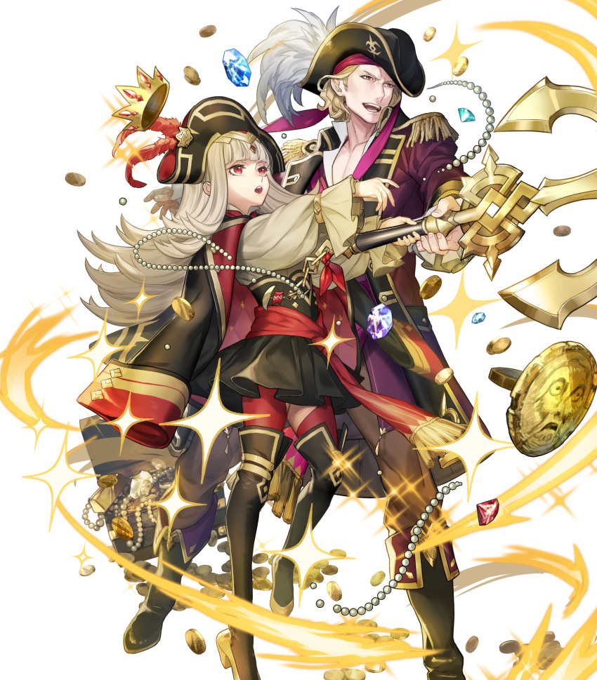 1boy 1girl anchor bangs black_footwear black_skirt blonde_hair boots coat coat_on_shoulders collarbone crown detached_sleeves epaulettes feathers fingernails fire_emblem fire_emblem_fates fire_emblem_heroes full_body gem gold gold_coin grey_hair hat highres holding jewelry knee_boots long_sleeves looking_away necklace official_art open_mouth p-nekor pants pearl_(gemstone) pearl_necklace pirate_hat red_eyes red_legwear short_hair skirt sparkle thigh_boots thighhighs transparent_background treasure treasure_chest veronica_(fire_emblem) xander_(fire_emblem) zettai_ryouiki