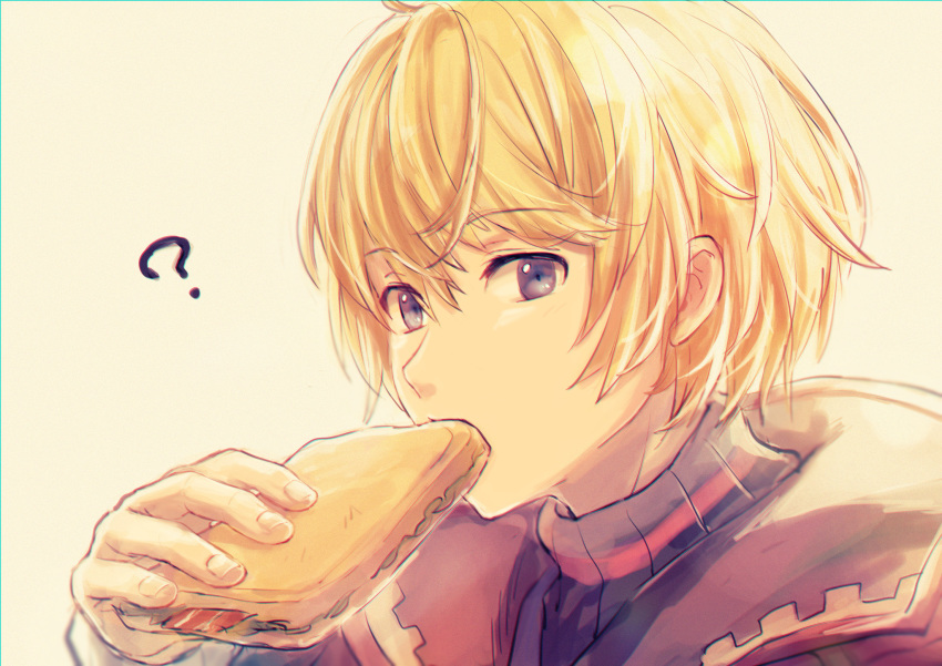 1boy ? blonde_hair eating eyebrows_visible_through_hair food fuwamoko_momen_toufu highres looking_at_viewer pale_background portrait sandwich shulk solo xenoblade_(series) xenoblade_1