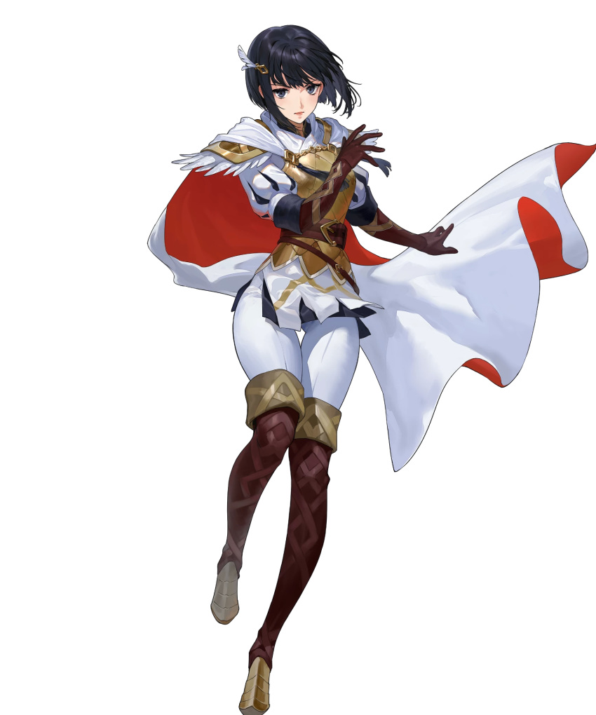 1girl alternate_costume armor bangs belt black_eyes black_hair boots cape ekao elbow_gloves feather_trim fire_emblem fire_emblem:_thracia_776 fire_emblem_heroes full_body gloves hair_ornament highres lips official_art olwen_(fire_emblem) pants puffy_sleeves red_lips shiny shiny_hair short_hair shoulder_armor skin_tight solo striped thigh_boots thigh_gap thighhighs transparent_background vertical_stripes white_pants