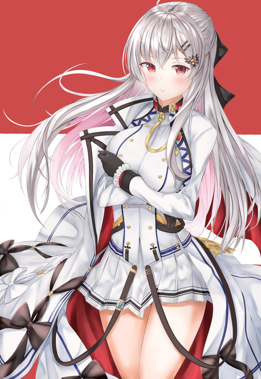 1girl absurdres bare_legs black_gloves blush breasts cloak crossed_arms eyebrows_visible_through_hair flag_background girls_frontline gloves hair_ribbon highres iws-2000_(girls_frontline) long_hair looking_at_viewer medium_breasts multicolored_hair red_eyes ribbon silver_hair smile solo takechii_(user_fpya5735)