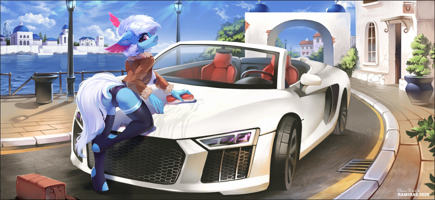 angela_de_medici anthro audi audi_r8 bag blue_body blue_fur bomber_jacket breasts butt camel_toe car car_wash clothing detailed_background equid equine feathered_ears female fur hasbro hi_res horse landscape legwear lispp looking_at_viewer looking_back mammal mane my_little_pony nipple_tape outside panties pasties pony ramiras rear_view sharedast smile solo tape thigh_highs underwear unguligrade_anthro vehicle white_mane white_tail