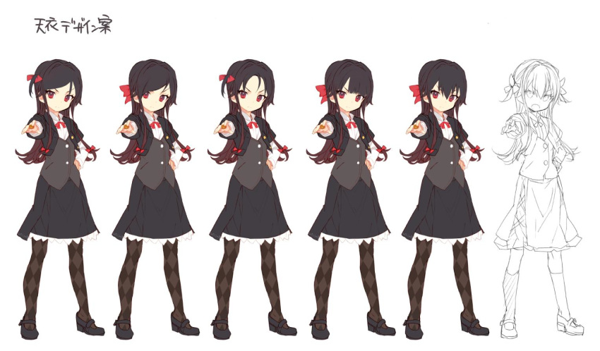 1girl argyle argyle_legwear black_footwear black_skirt brown_hair closed_mouth concept_art gradient_hair grey_vest hand_on_hip long_sleeves looking_at_viewer multicolored_hair multiple_views pantyhose pointing pointing_at_viewer red_eyes red_hair ryuuou_no_oshigoto! shirabi shoes skirt vest yashajin_ai