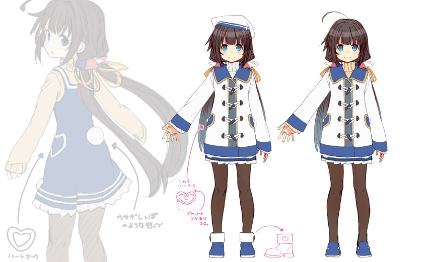 1girl ahoge arms_at_sides arrow_(symbol) blue_dress blue_eyes brown_hair brown_legwear closed_mouth concept_art dress hair_ribbon hat hinatsuru_ai jacket long_hair long_sleeves looking_at_viewer low_twintails multiple_views official_art pantyhose ribbon ryuuou_no_oshigoto! shirabi smile standing sweater translation_request twintails very_long_hair white_headwear white_jacket white_sweater yellow_ribbon yellow_sweater