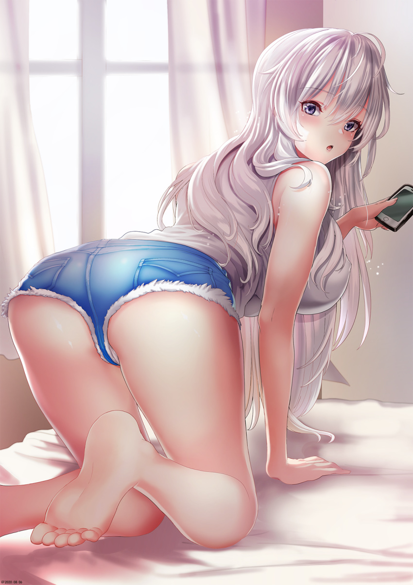 1girl all_fours ass azur_lane bangs bare_shoulders barefoot blush breasts cellphone cutoffs denim denim_shorts effort_star enterprise_(azur_lane) error eyebrows_visible_through_hair highres holding holding_phone indoors large_breasts long_hair looking_at_viewer looking_back on_bed phone purple_eyes revision shirt short_shorts shorts silver_hair sleeveless sleeveless_shirt smartphone soles solo thighs very_long_hair wrong_feet