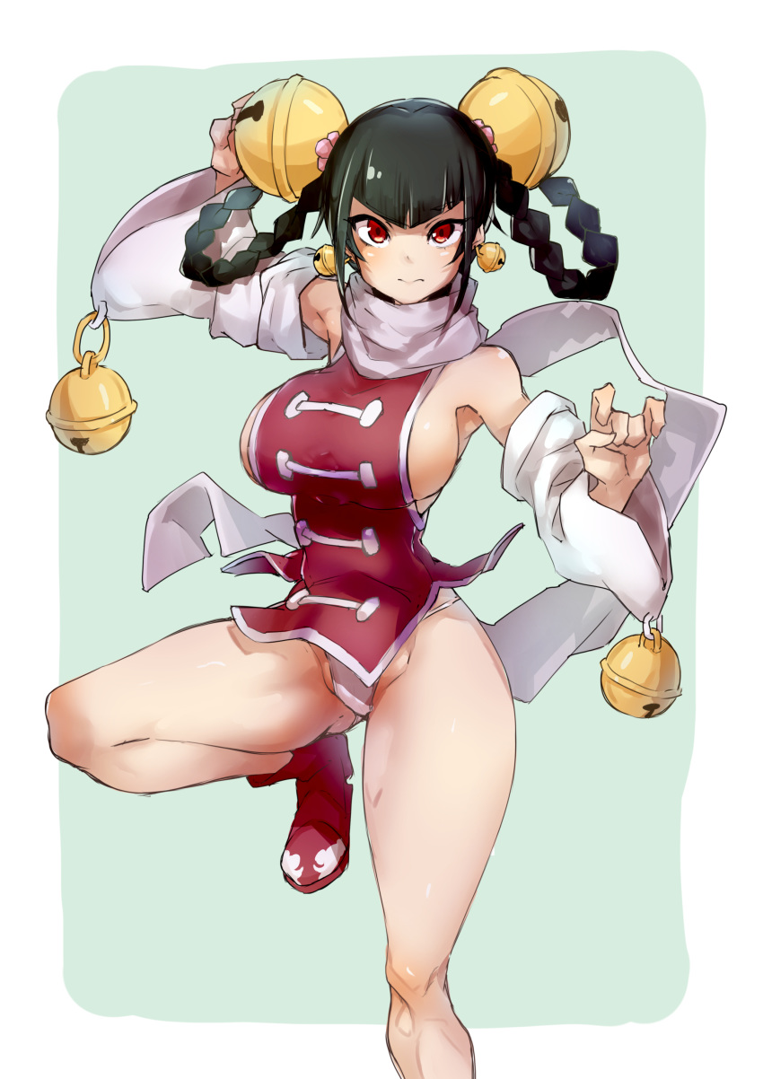 1girl \n/ absurdres arm_up armpits ass_visible_through_thighs bangs bell black_hair blunt_bangs border braid breasts cameltoe china_dress chinese_clothes commentary_request detached_sleeves disconnected_mouth dress feet_out_of_frame fighting_stance green_background hair_bell hair_ornament hands_up highleg highleg_panties highres huge_breasts jingle_bell jingle_bell_earrings leg_up lin_lin_(one-punch_man) looking_at_viewer megamegahhhh microdress no_pants one-punch_man panties partially_visible_vulva print_footwear red_eyes red_footwear red_shirt scarf shirt side_slit sideboob sidelocks simple_background sleeveless solo standing standing_on_one_leg thighs twin_braids two-tone_background underwear white_border white_panties white_scarf wind wind_lift
