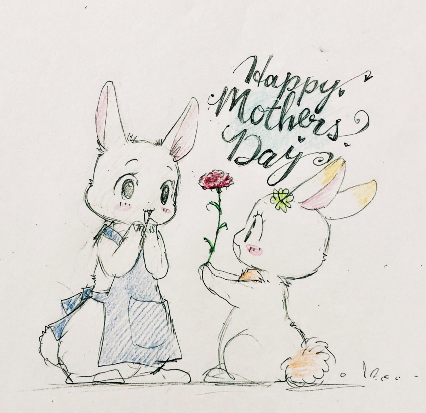 2020 :3 apron blush chest_tuft chima chima's_mother clothing clover clover's_mother colored_pencil_(artwork) daughter daww domestic_rabbit duo english_text female feral flower fur happy happy_happy_clover hi_res holidays lagomorph leporid long_ears mammal mother mother's_day mother_and_child mother_and_daughter official_art oryctolagus parent parent_and_child plant rabbit rose_(flower) sayuri_tatsuyama shamrock sketch smile standing text traditional_media_(artwork) tuft white_body white_fur