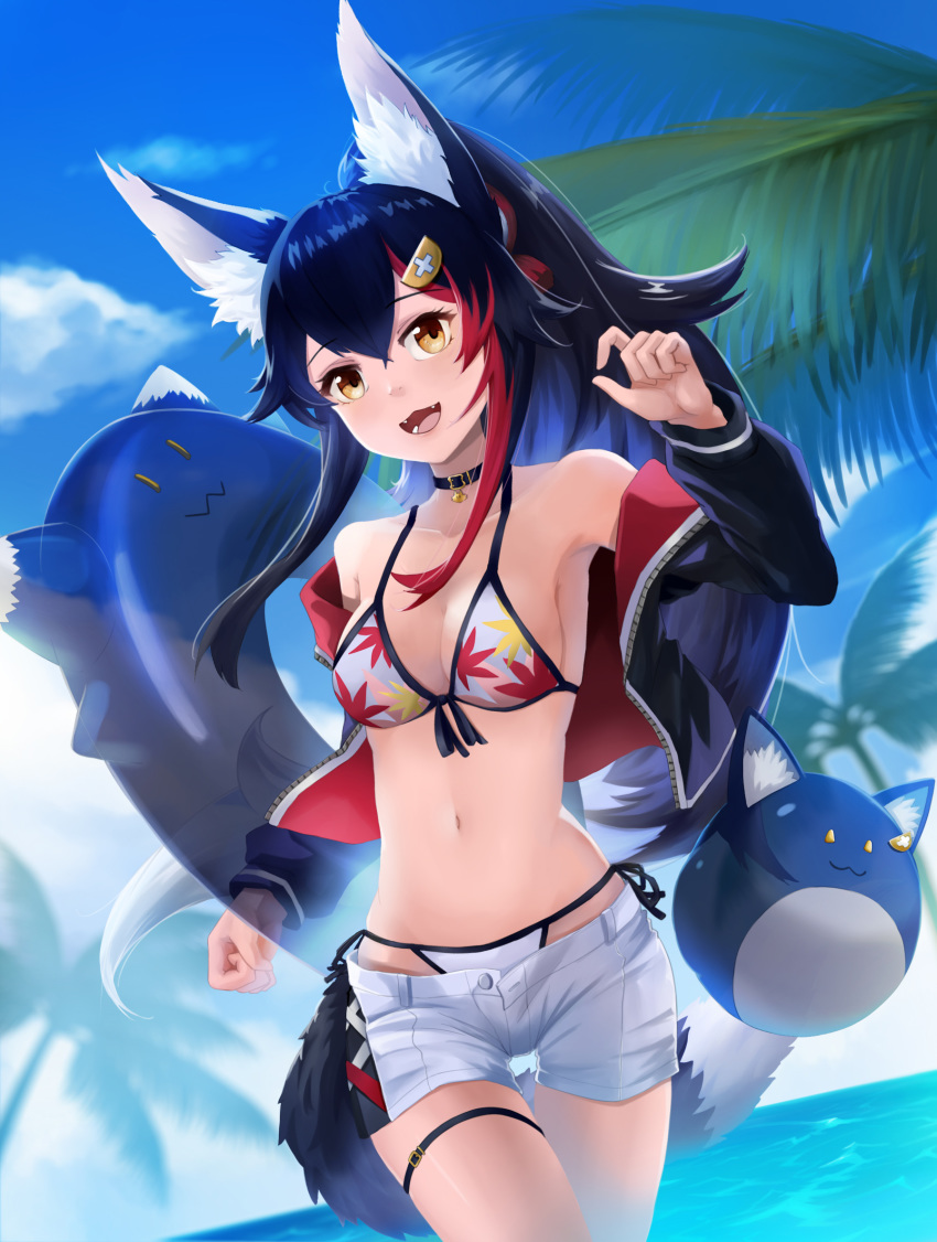 1girl animal_ears armpits bangs bikini black_hair blurry blurry_background cloud cloudy_sky collar collarbone commentary day eyebrows_visible_through_hair fang hair_between_eyes highres hololive innertube jacket long_hair looking_at_viewer miochun multicolored_hair navel ocean okamin ookami_mio open_clothes open_jacket open_mouth palm_tree red_hair rubber_band short_shorts shorts sidelocks sky solo swimsuit tail thigh_strap tree two-tone_hair virtual_youtuber wolf_ears wolf_girl wolf_tail yellow_eyes