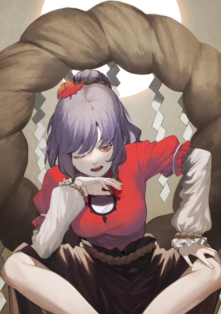 1girl breasts brown_skirt hair_ornament heoningu highres korean_commentary large_breasts leaf_hair_ornament legs long_sleeves looking_at_viewer one_eye_closed open_mouth pale_skin purple_hair red_eyes short_over_long_sleeves short_sleeves skirt solo touhou yasaka_kanako