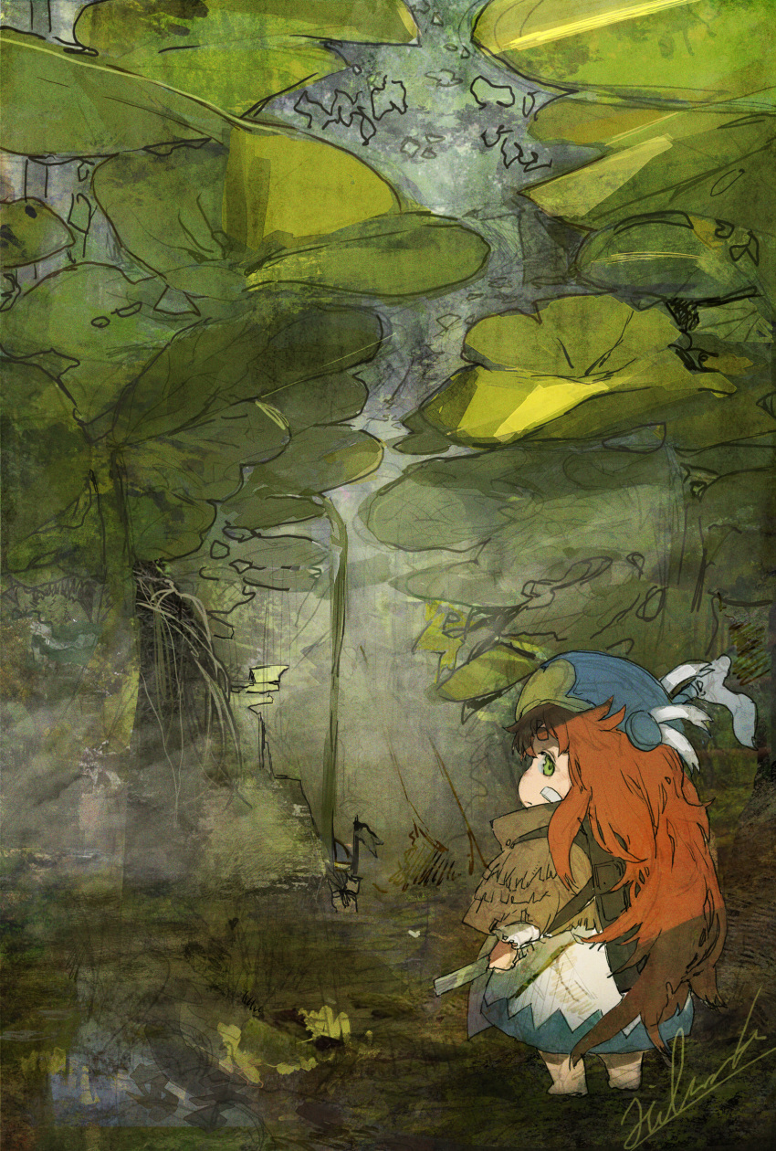 1girl absurdres bangs barefoot beret blue_headwear brown_capelet brown_hair commentary_request dress from_behind green_eyes hakumei_to_mikochi hat highres hiranko holding leaf long_hair looking_at_viewer looking_back mikochi_(hakumei_to_mikochi) profile short_eyebrows solo standing thick_eyebrows very_long_hair white_dress
