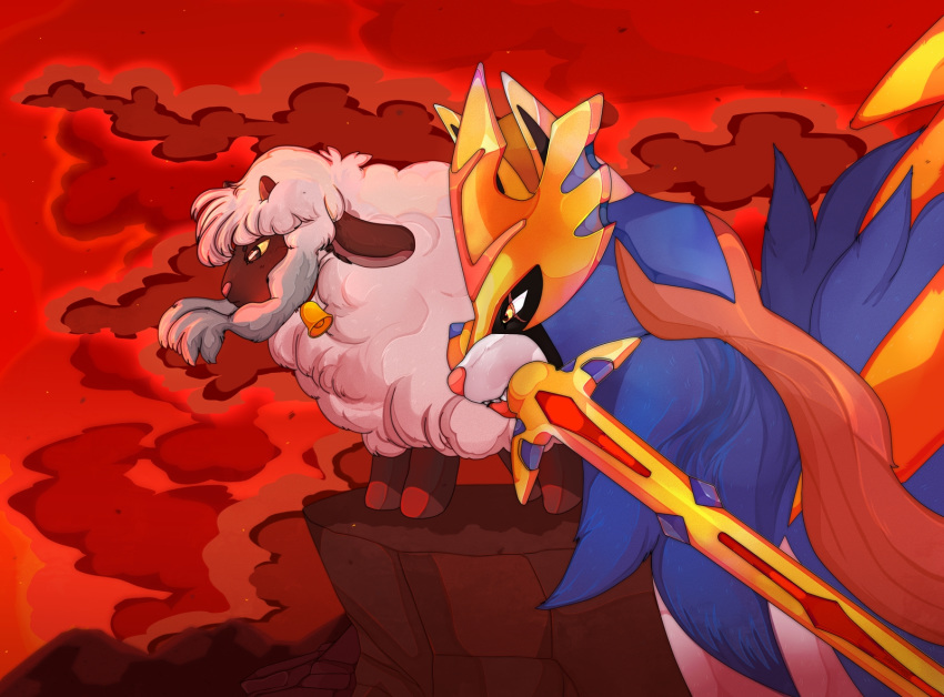 2019 ambiguous_gender angry bell bell_collar cliff cloud collar crowned_sword_zacian darkmoonray duo hi_res legendary_pok&eacute;mon mountain nintendo object_in_mouth parody pok&eacute;mon pok&eacute;mon_(species) quadruped red_background ringing_bell_(film) sanrio scar simple_background standing sword_in_mouth video_games wooloo zacian