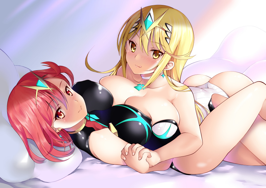 2girls absurdres ass bangs bare_shoulders black_swimsuit blonde_hair blush breasts chest_jewel cleavage collarbone daive earrings headpiece highres hikari_(xenoblade_2) homura_(xenoblade_2) jewelry large_breasts long_hair looking_at_viewer multiple_girls one-piece_swimsuit red_eyes red_hair short_hair smile swept_bangs swimsuit thighs tiara white_swimsuit xenoblade_(series) xenoblade_2 yellow_eyes