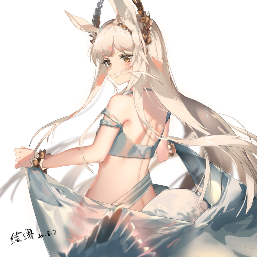 1girl animal_ears arknights bare_arms bare_shoulders brown_eyes commentary cowboy_shot highres ling_mou long_hair platinum_(arknights) silver_hair simple_background solo white_background