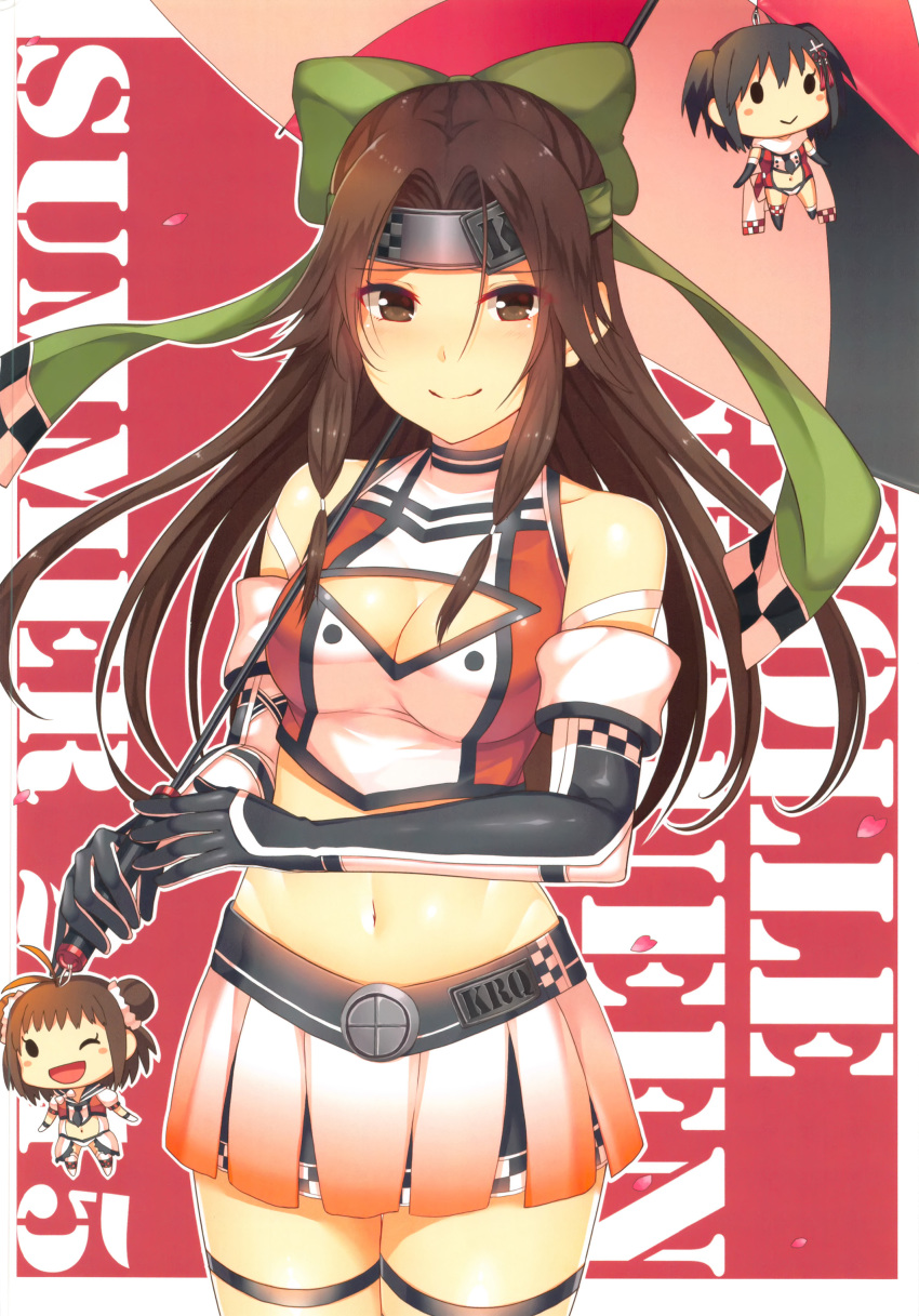 1girl absurdres adapted_costume bare_shoulders bow breasts brown_eyes brown_hair character_doll cleavage cleavage_cutout closed_mouth elgyem gen_5_pokemon gloves green_bow hair_bow headband highres holding horosuke_(toot08) jintsuu_(kantai_collection) kantai_collection long_hair medium_breasts midriff miniskirt naka_(kantai_collection) navel race_queen scan sendai_(kantai_collection) shiny shiny_clothes shiny_hair shiny_skin simple_background skirt sleeveless smile stomach thighhighs tied_hair umbrella zettai_ryouiki
