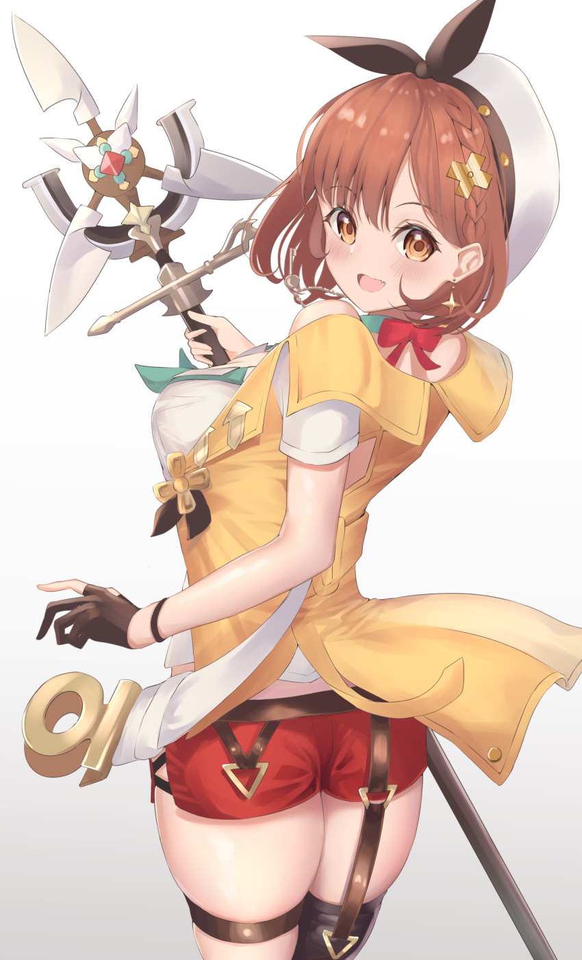1girl atelier_(series) atelier_ryza atelier_ryza_2 bangs black_ribbon blush breasts brown_eyes brown_hair earrings gloves hair_ornament highres hiruno_ushiro holding holding_weapon jewelry key large_breasts leather leather_belt leather_gloves looking_at_viewer necklace open_mouth partly_fingerless_gloves red_shorts reisalin_stout ribbon shirt short_shorts shorts simple_background single_thighhigh skindentation smile solo staff thick_thighs thigh_strap thighhighs thighs vest weapon white_headwear white_shirt yellow_vest