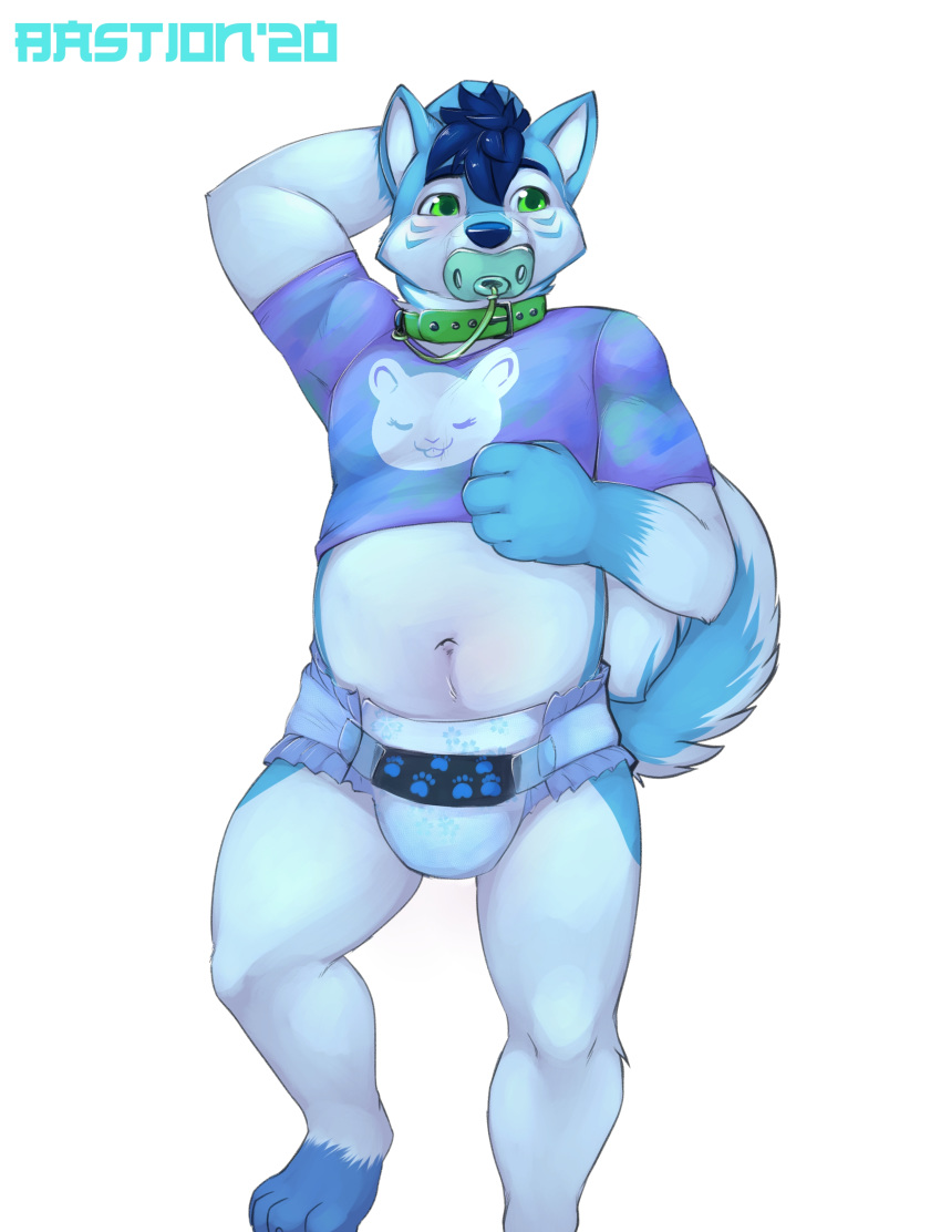 2020 absurd_res anthro bastion belly collar diaper green_eyes hi_res male navel pacifier signature simple_background slightly_chubby solo white_background