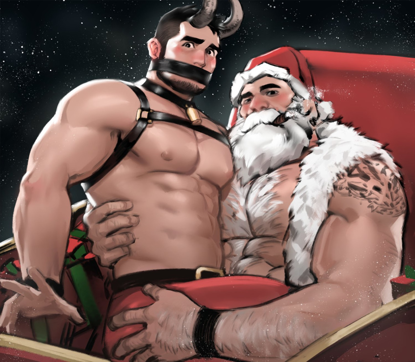 2boys abs animal_costume antlers bara beard black_hair body_hair bondage_outfit chest chest_hair christmas couple facial_hair hand_on_another's_hip hat highres jang_ju_hyeon male_focus manly multiple_boys muscle nipples original pectorals reindeer_antlers reindeer_costume santa_claus santa_costume santa_hat shirtless simple_background sitting sitting_on_lap sitting_on_person sky star_(sky) starry_sky white_hair yaoi