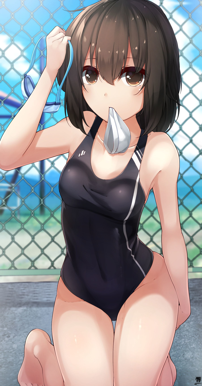 1girl absurdres bare_legs barefoot black_swimsuit blush breasts brown_eyes brown_hair collarbone day eyebrows_visible_through_hair fubuki_(kantai_collection) hair_between_eyes hibiki_zerocodo highres holding kantai_collection looking_at_viewer mouth_hold one-piece_swimsuit short_hair signature small_breasts solo swimsuit