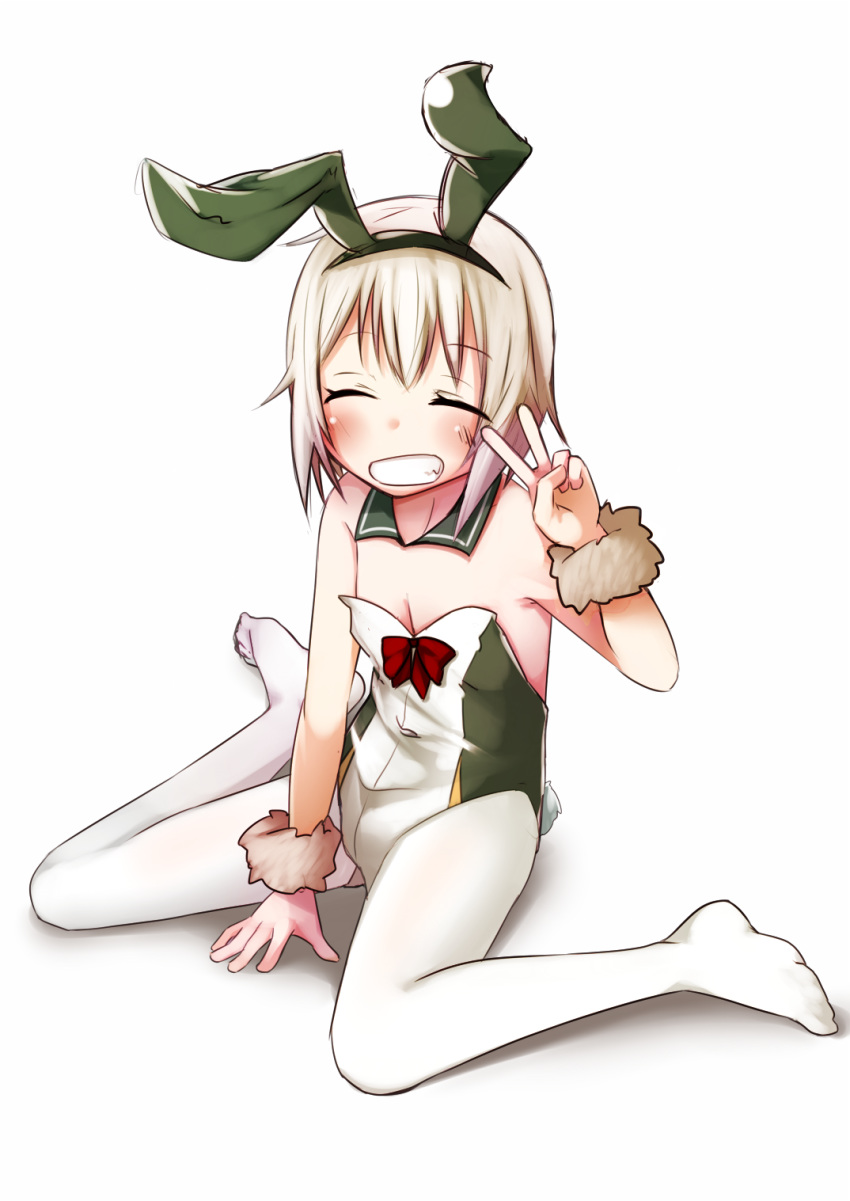 1girl alternate_costume animal_ears bangs blush breasts bunny_ears bunny_tail closed_eyes detached_sleeves eyebrows_visible_through_hair fake_animal_ears fur_trim grin highres kantai_collection leotard nassukun pantyhose shimushu_(kantai_collection) short_hair simple_background sitting small_breasts smile solo tail v white_background white_hair white_legwear wrist_cuffs